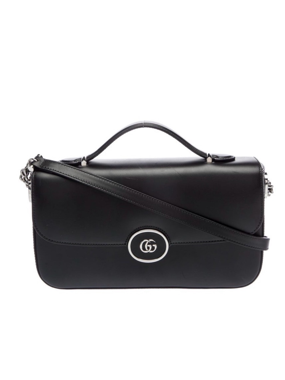 NWT Gucci Black Leather Shoulder Bag with Silver GG Emblem